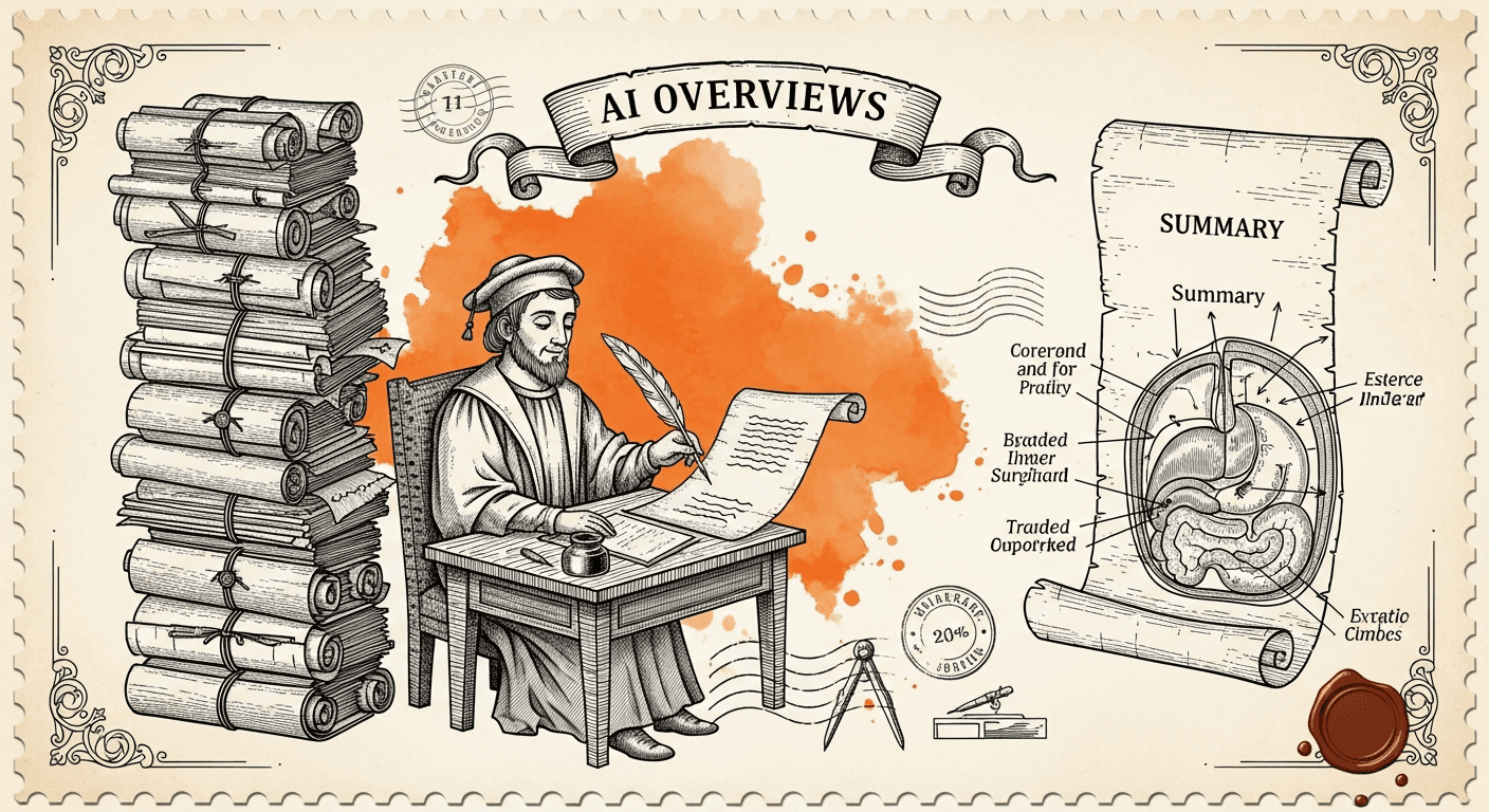 Giant Antique Postage Stamp style editorial illustration for the news article: Google AI Overviews Arrive in Workspace Gmail