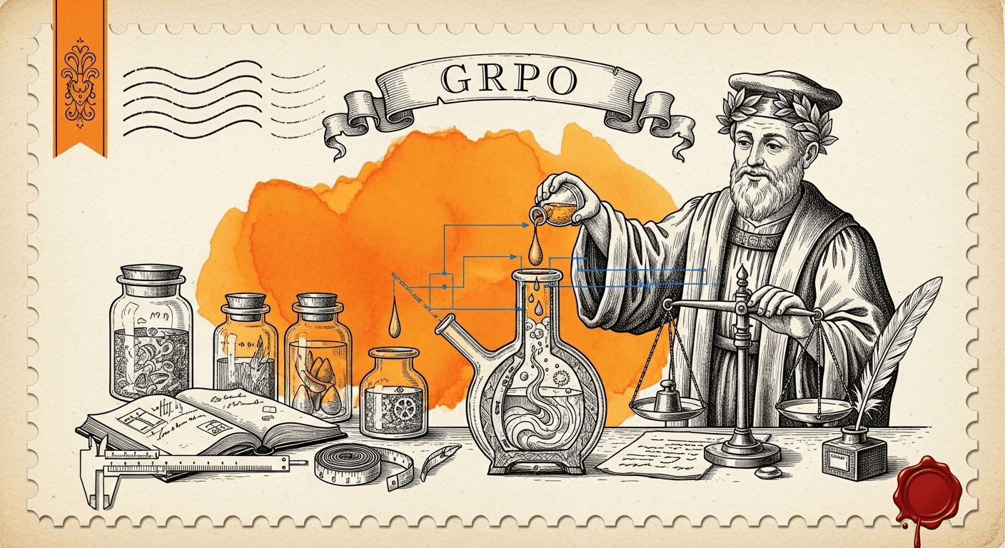 Giant Antique Postage Stamp style editorial illustration for the news article: Empirical Sparse-to-Dense Reward Principle for LM Post-Training