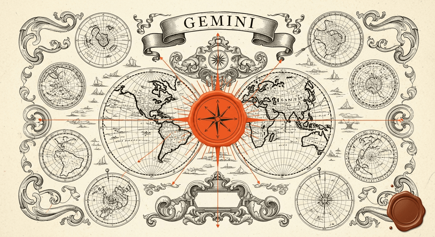 Pressed Ink Seal / Typewriter Imprint style editorial illustration for the news article: Google expands Gemini in Chrome to seven APAC countries