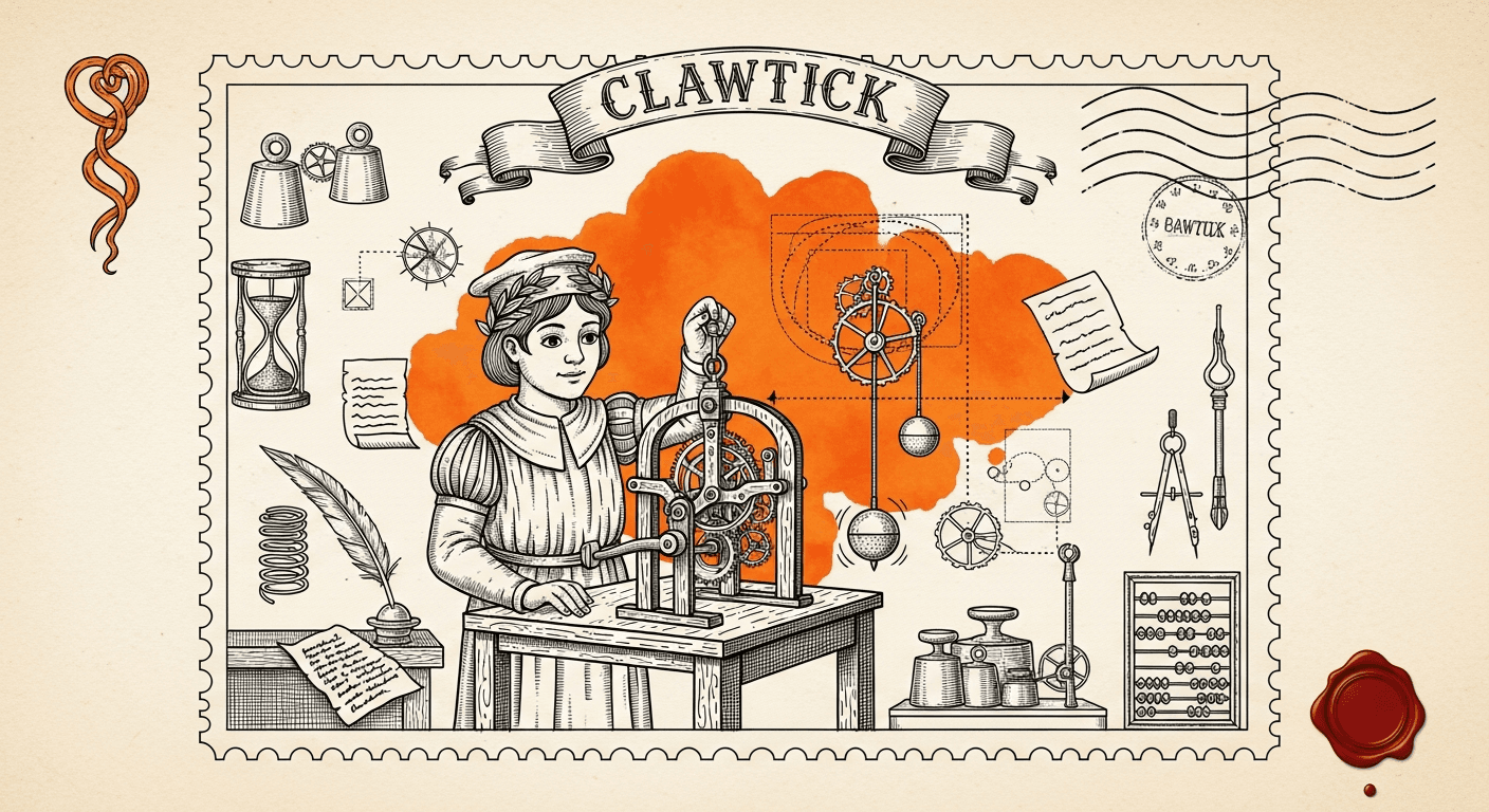Giant Antique Postage Stamp style editorial illustration for the news article: ClawTick launches on Product Hunt with one-command cron jobs for AI age