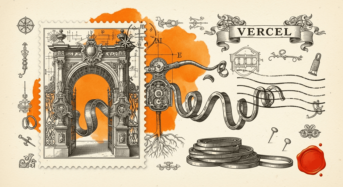 Giant Antique Postage Stamp style editorial illustration for the news article: DeepSeek V4 Pro and Flash Now on Vercel AI Gateway