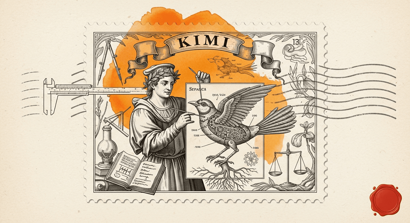 Giant Antique Postage Stamp style editorial illustration for the news article: Moonshot Kimi K2.6 now available on Microsoft Foundry for enterprises
