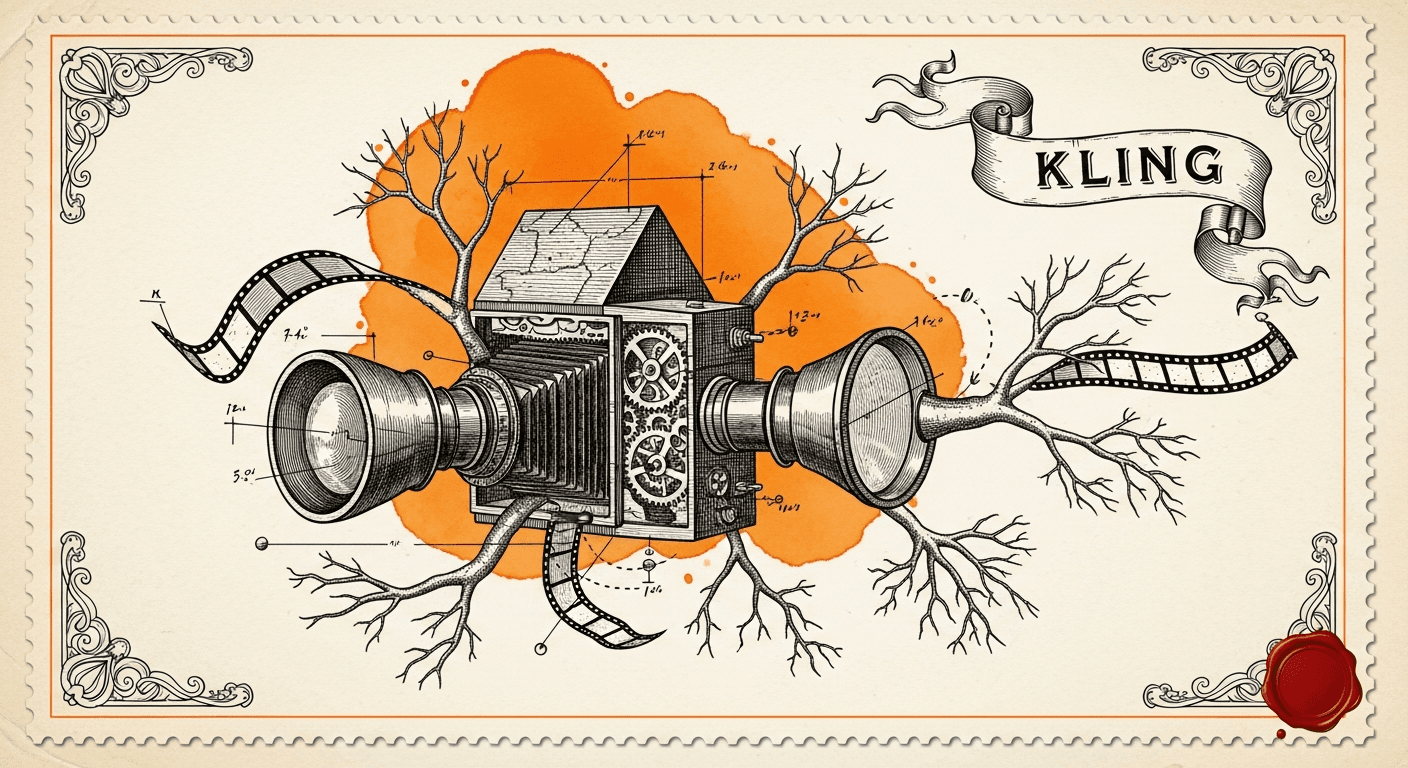 Giant Antique Postage Stamp style editorial illustration for the news article: Fal adds Kling 2.5 Turbo Pro image-to-video model