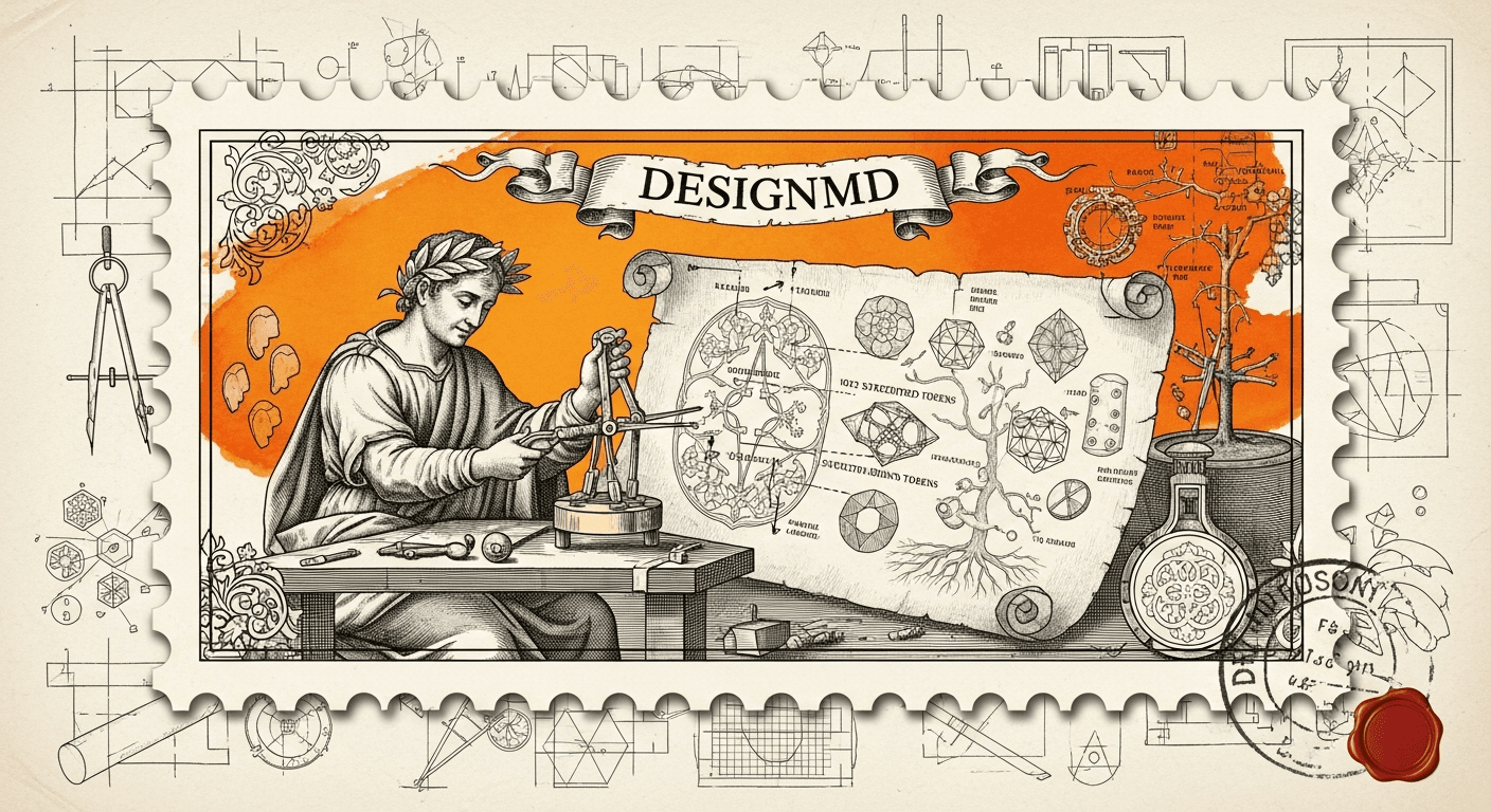Giant Antique Postage Stamp style editorial illustration for the news article: DesignMD Feature Turns Any Website into AI-Ready Design System