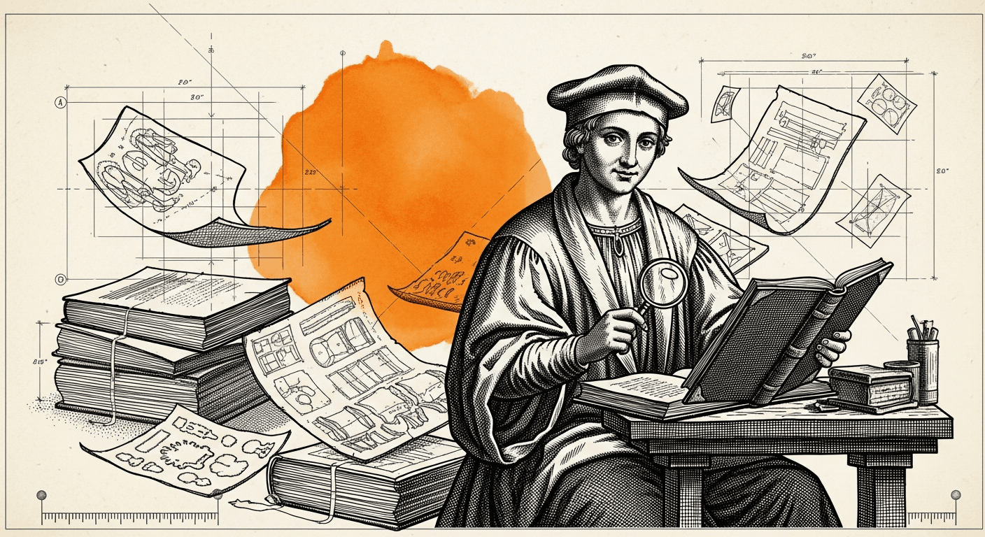 Blueprint Schematic + Renaissance Engraving Subject style editorial illustration for the article: NotebookLM: The Complete Guide (2026)