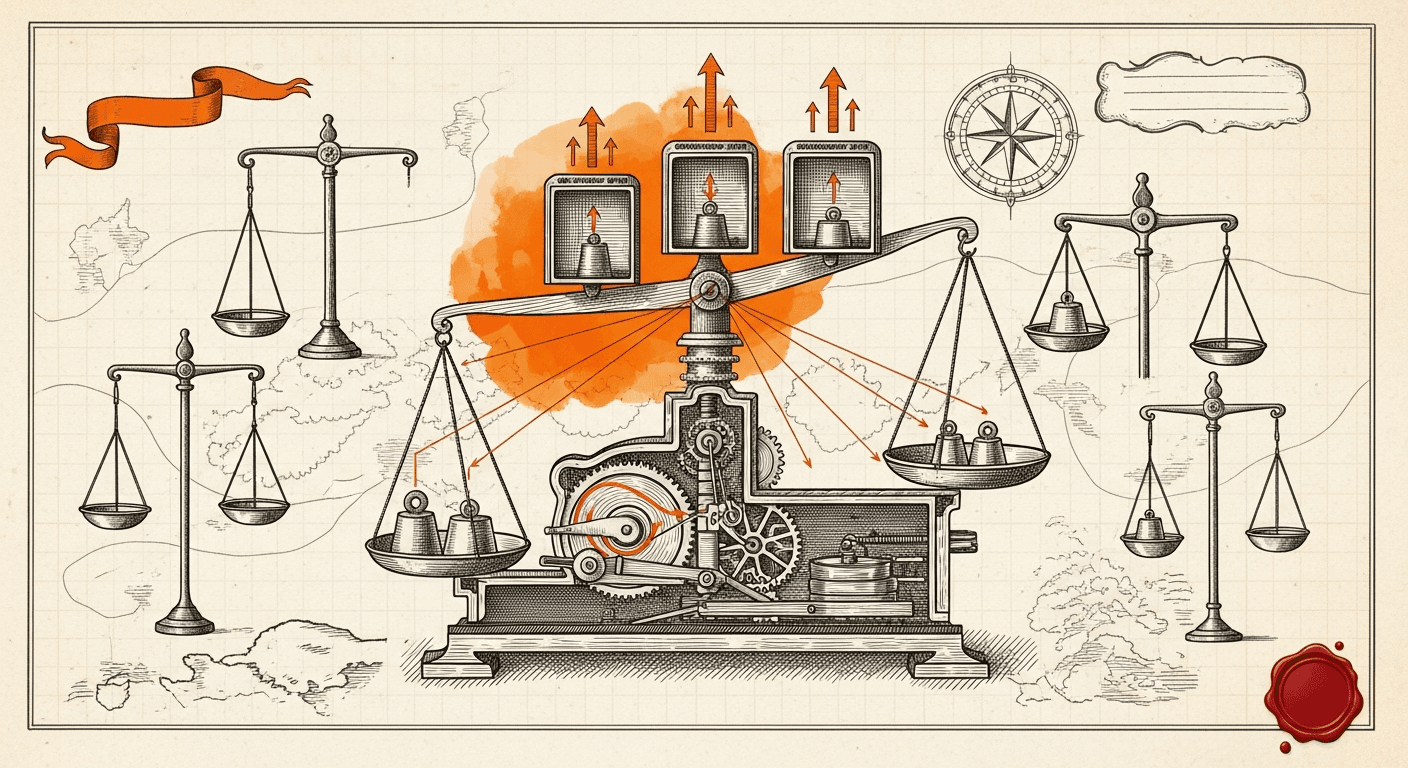 Antique Anatomical / Mechanical Diagram style editorial illustration for the news article: 7 OpenRouter Leaderboards Reshuffle with Hy3, Kimi K2.6, Cl