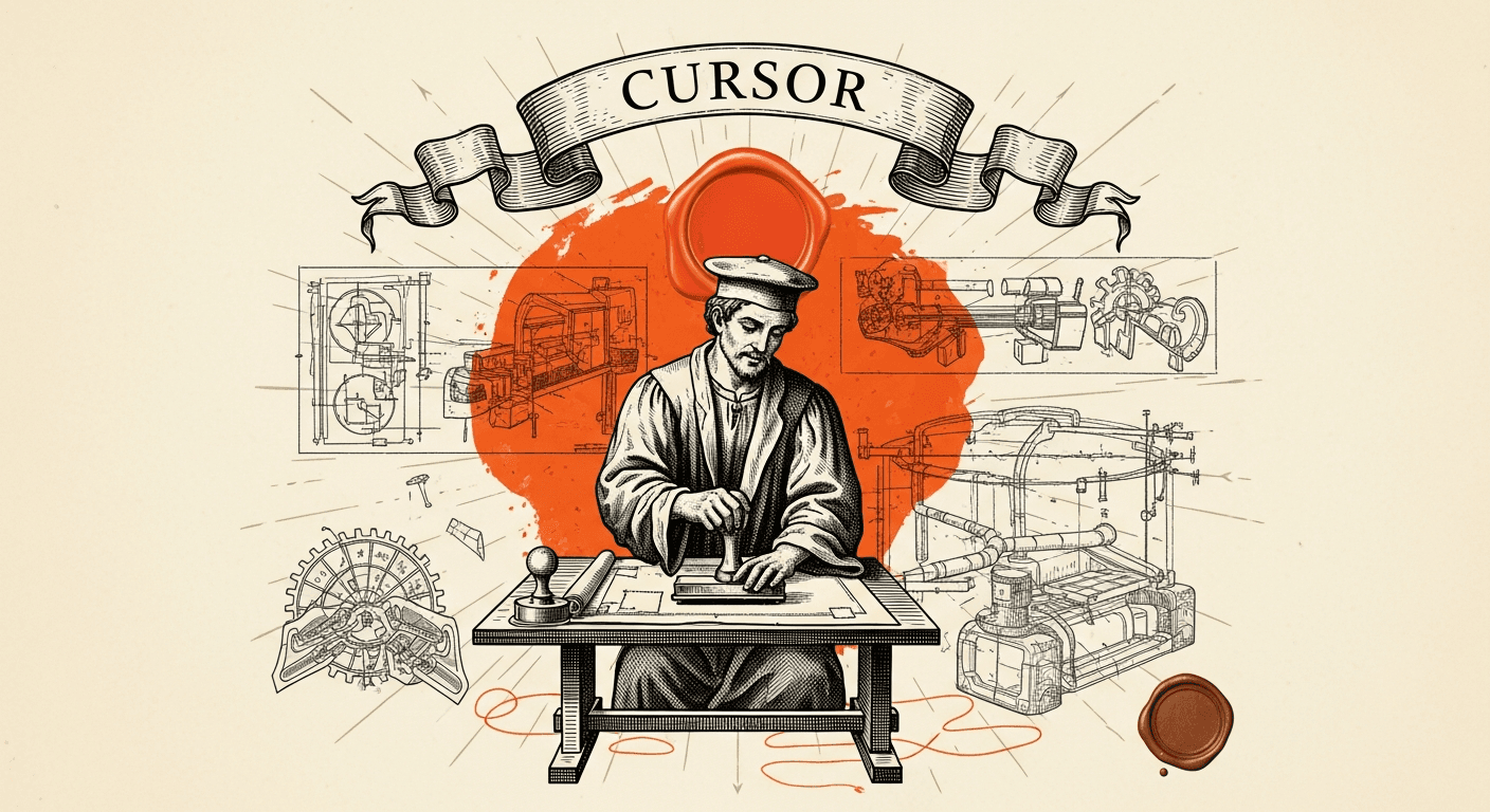 Pressed Ink Seal / Typewriter Imprint style editorial illustration for the news article: Cursor Adds Interactive Canvases to Agents Window