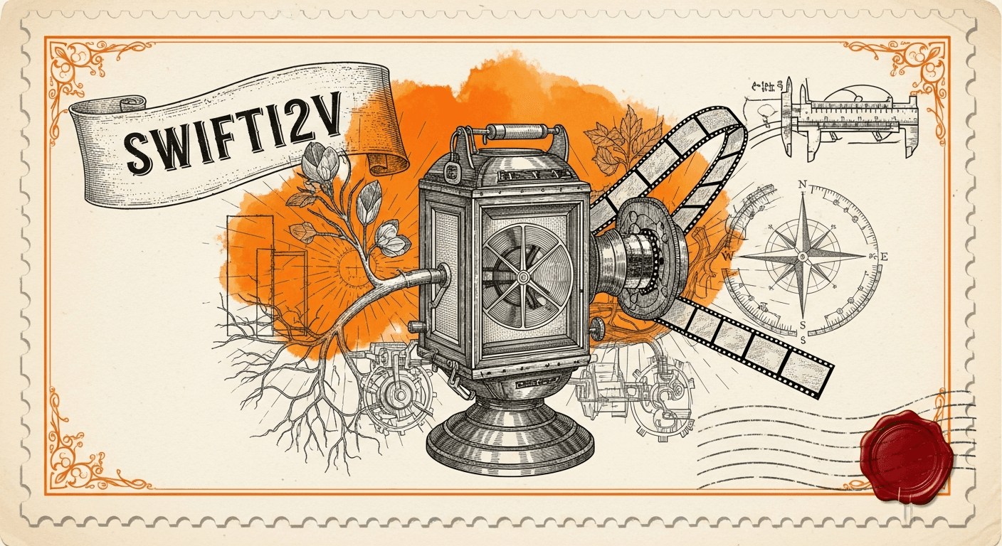 Giant Antique Postage Stamp style editorial illustration for the news article: SwiftI2V: Efficient High-Resolution Image-to-Video Generation Method