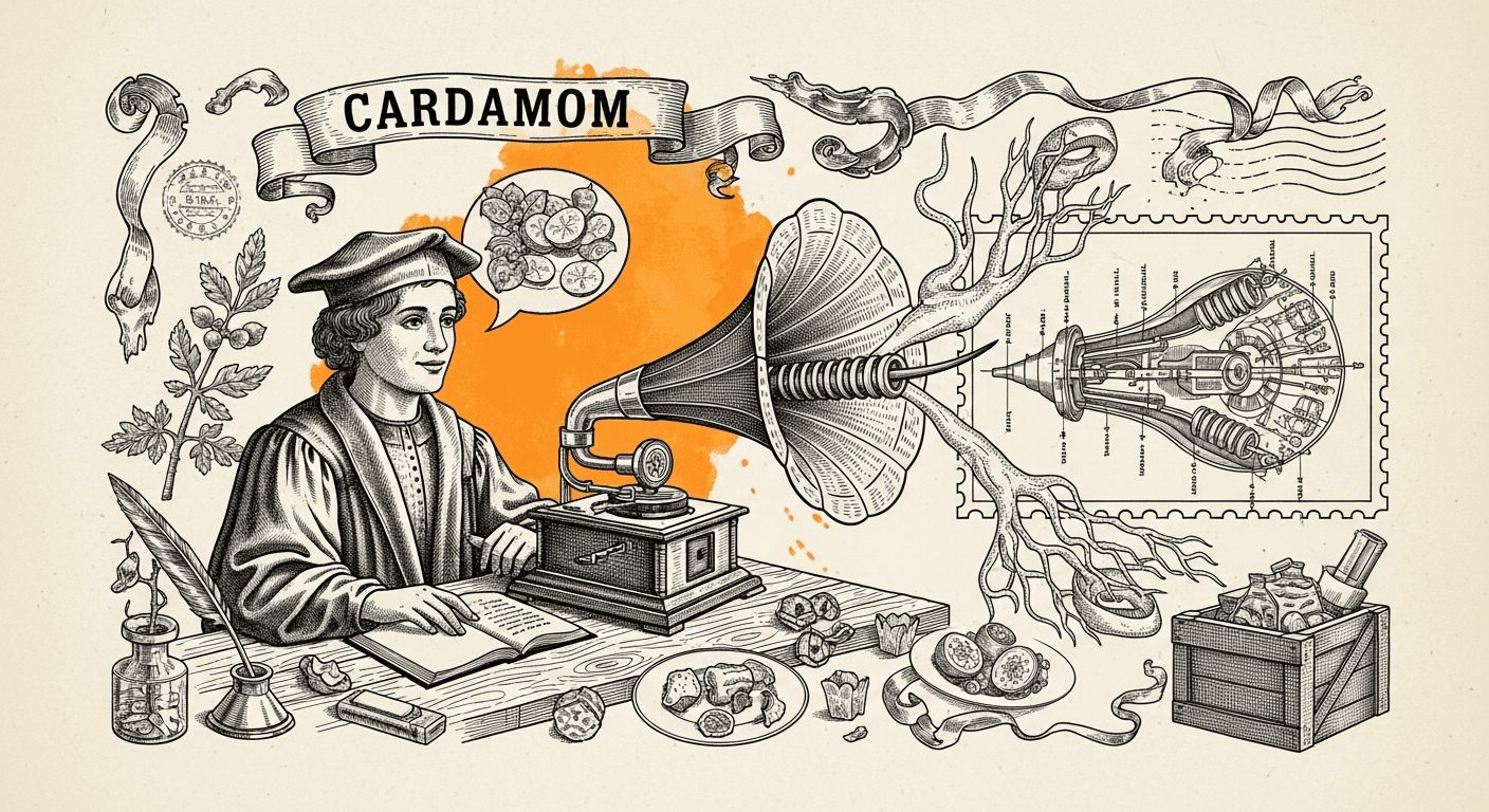 Giant Antique Postage Stamp style editorial illustration for the news article: Cardamom launches AI phone ordering for takeout restaurants