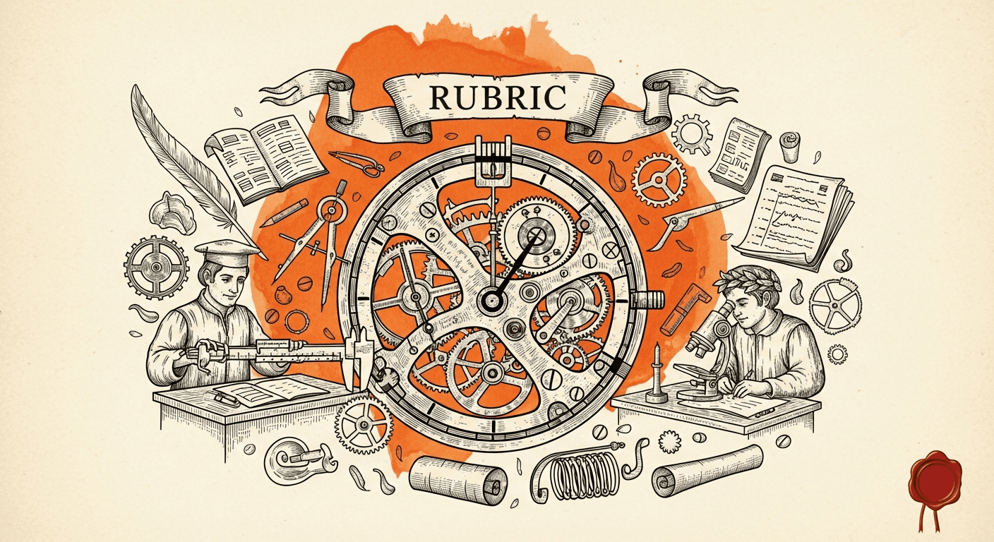 Pressed Ink Seal / Typewriter Imprint style editorial illustration for the news article: Researchers Study Reward Hacking in Rubric-Based Reinforcemen