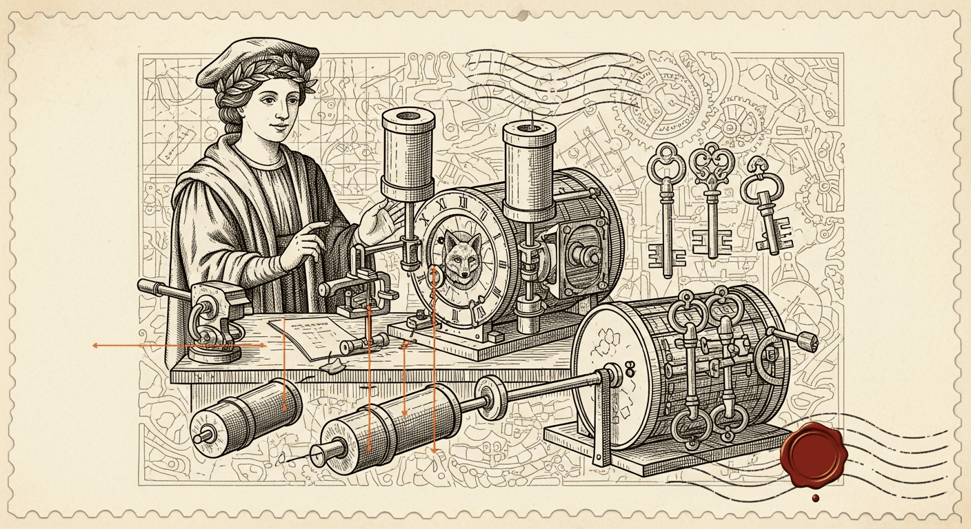 Giant Antique Postage Stamp style editorial illustration for the news article: Hermes Agent v0.7.0 Adds Pluggable Memory, Credential Pools
