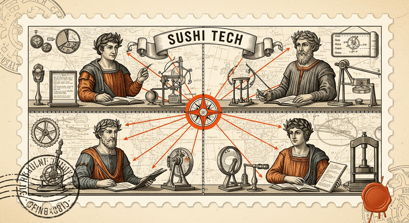 Giant Antique Postage Stamp style editorial illustration for the news article: SusHi Tech Tokyo 2026 Spotlights Four Tech Domains with Live Demos