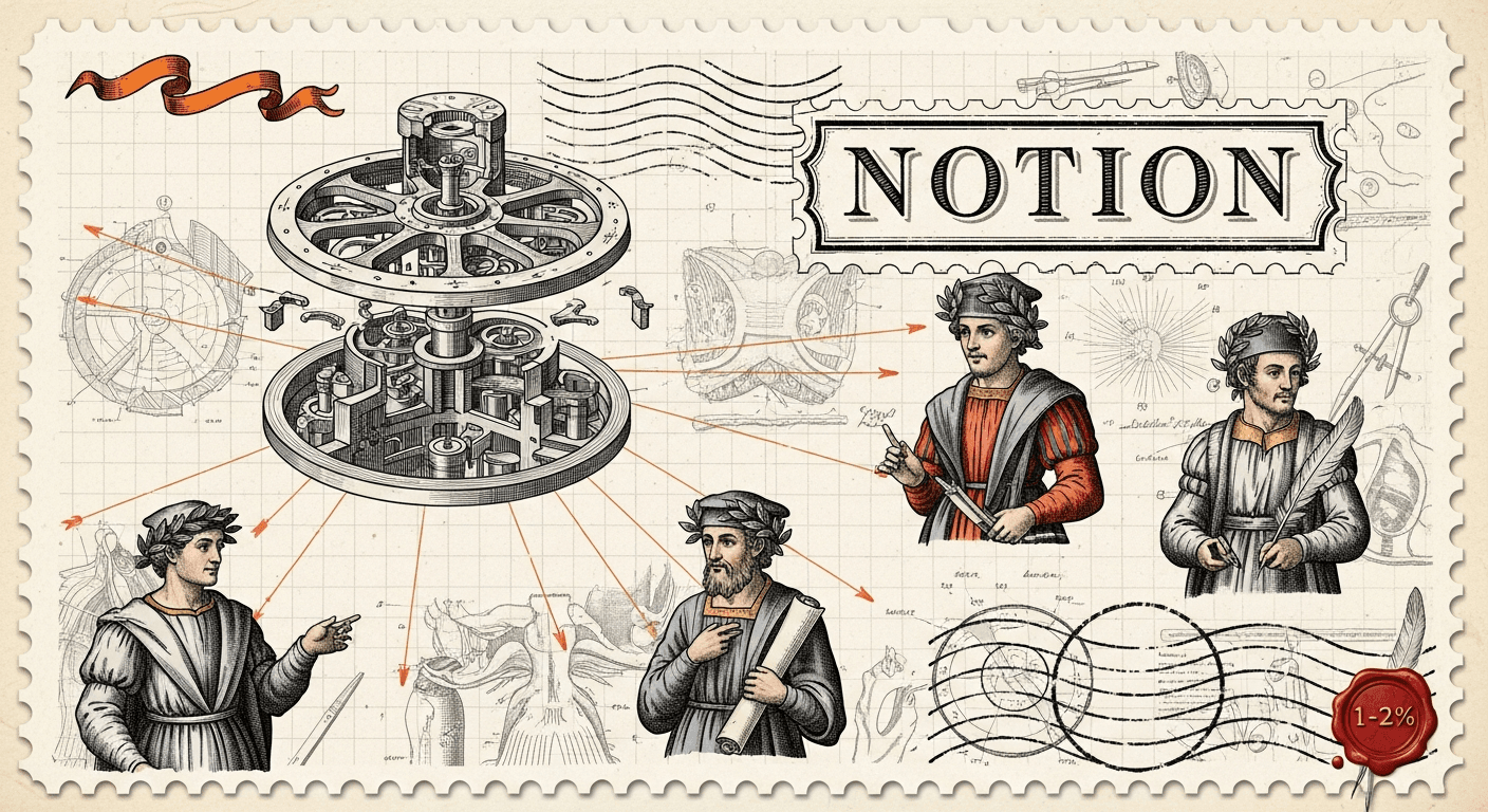 Giant Antique Postage Stamp style editorial illustration for the news article: Notion launches developer platform for AI agents in workspaces