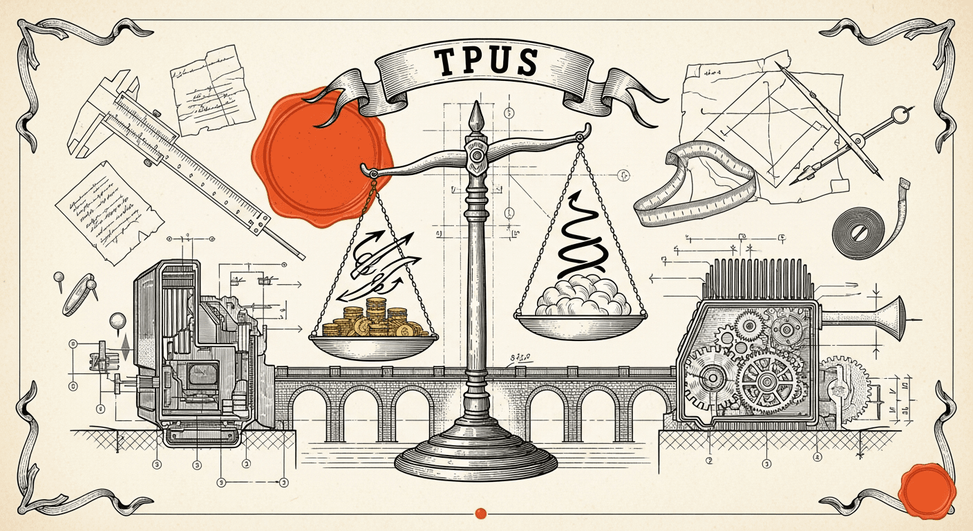 Pressed Ink Seal / Typewriter Imprint style editorial illustration for the news article: Google Cloud Launches Faster, Cheaper TPUs