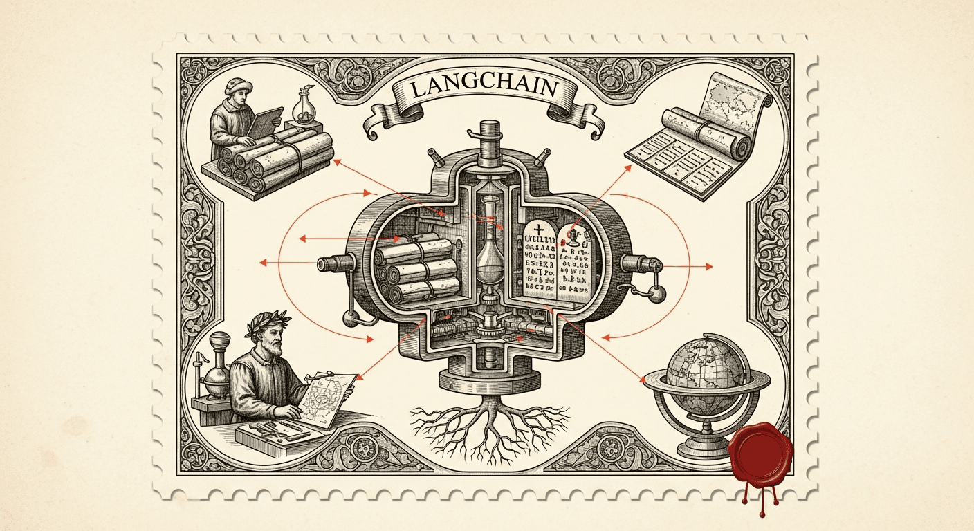 Giant Antique Postage Stamp style editorial illustration for the news article: Article Details Agent Harness Components: Filesystems, Sandboxes, Memor