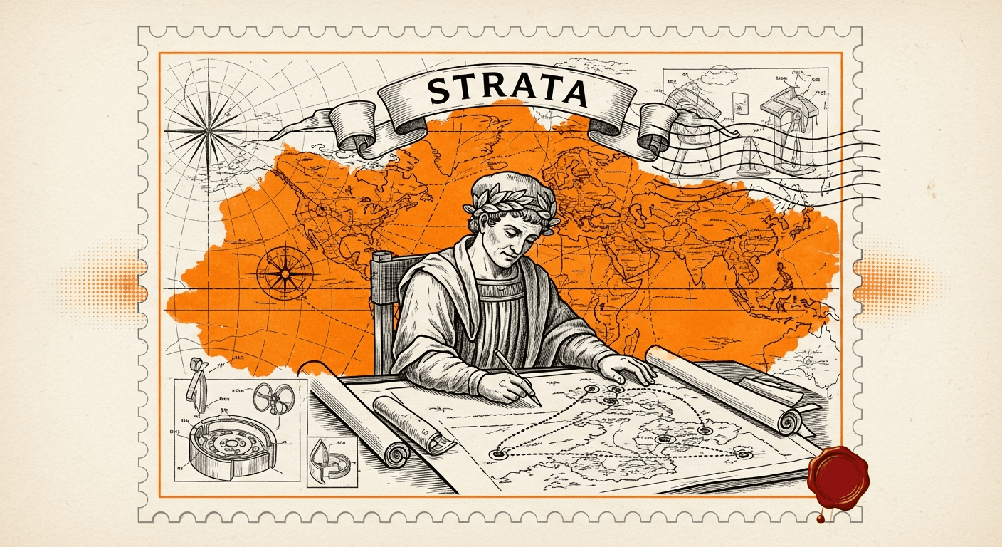 Giant Antique Postage Stamp style editorial illustration for the news article: StraTA launches framework for training AI agents with strategic plannin