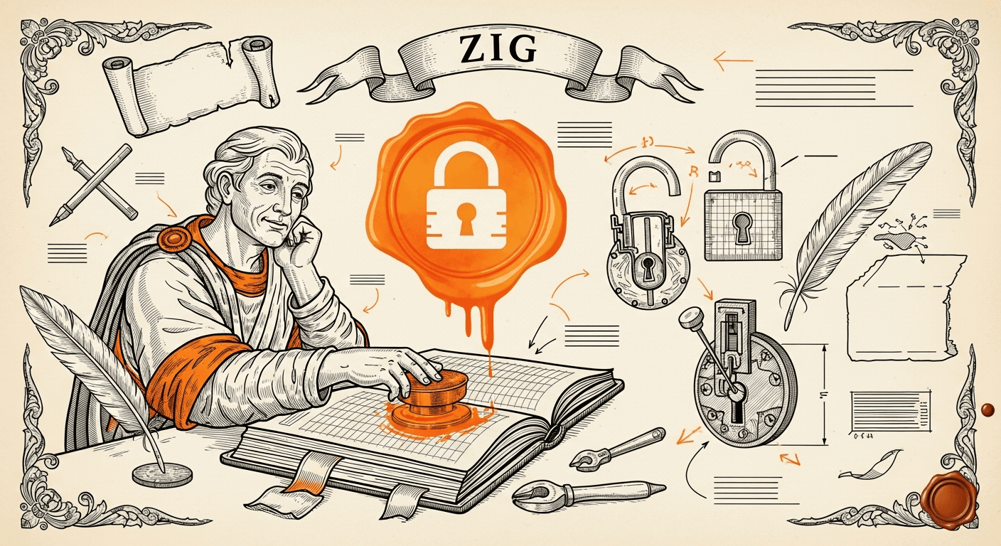 Pressed Ink Seal / Typewriter Imprint style editorial illustration for the news article: Zig project shares rationale for anti-AI contribution policy