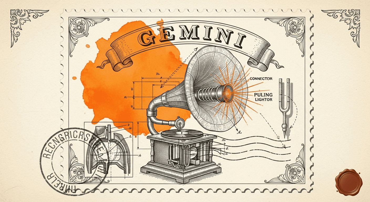 Giant Antique Postage Stamp style editorial illustration for the news article: Gemini for Home Adds Continued Conversation Feature