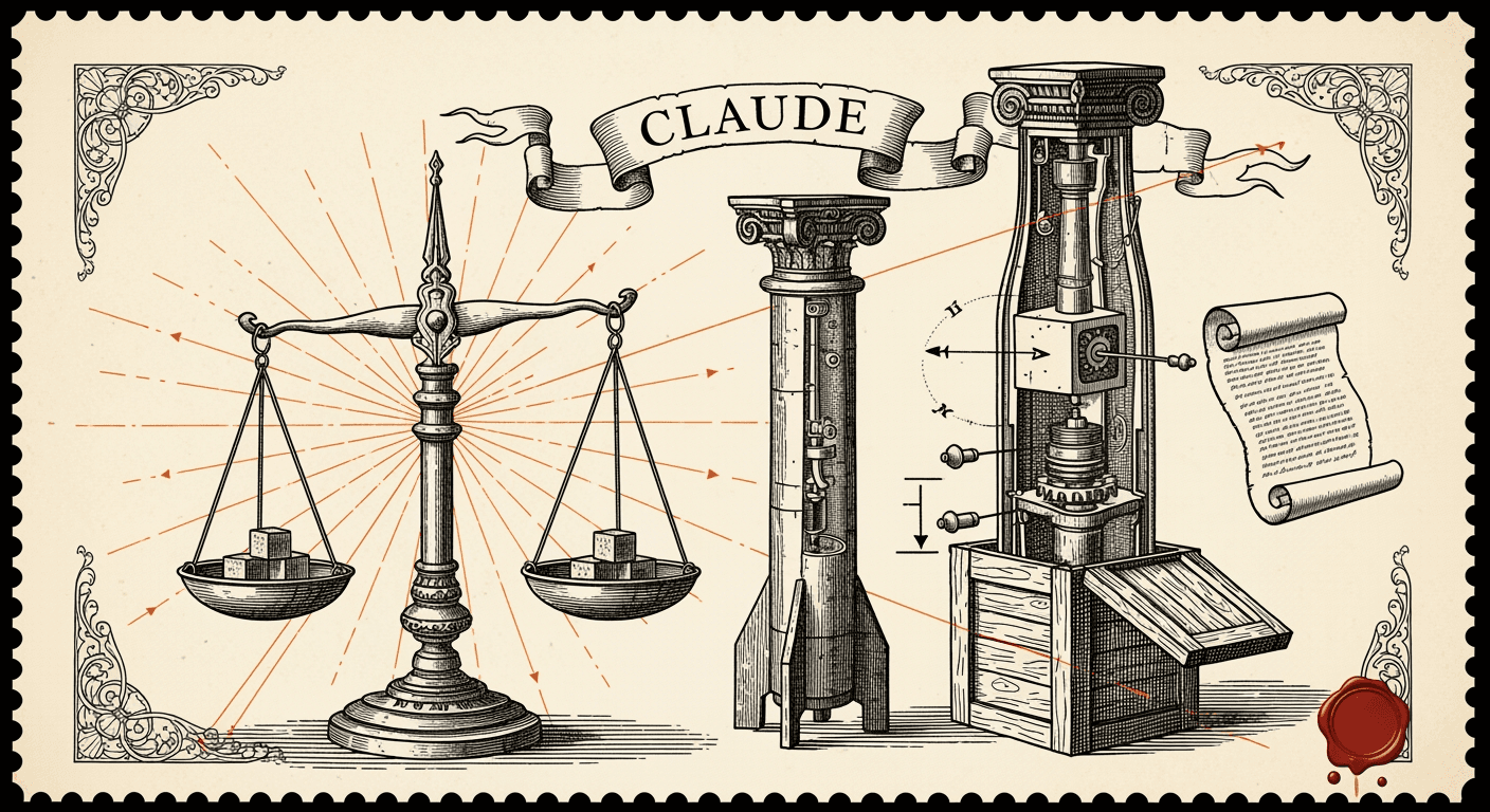 Giant Antique Postage Stamp style editorial illustration for the news article: Higher usage limits for Claude and a compute deal with SpaceX