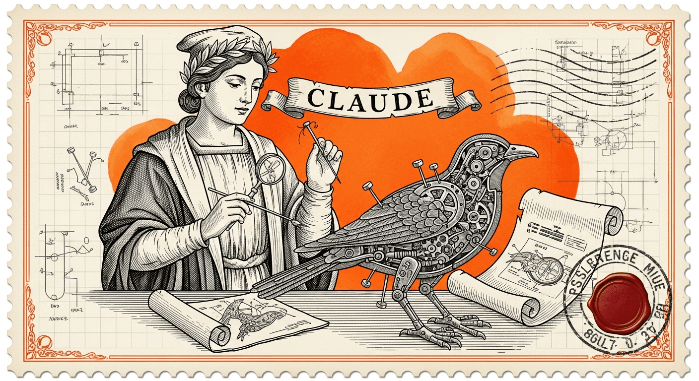 Giant Antique Postage Stamp style editorial illustration for the news article: Claude Code adds Raindrop Workshop, an open-source debugger