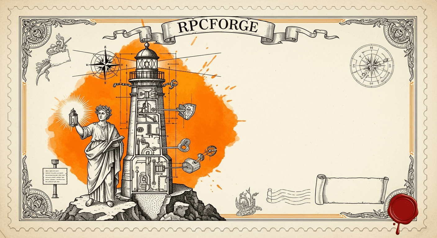 Giant Antique Postage Stamp style editorial illustration for the news article: RPCForge lets you host and control your own multi-chain Ethereum RPC