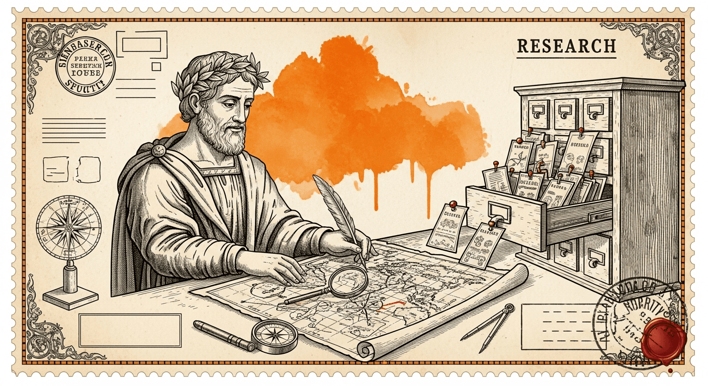Giant Antique Postage Stamp style editorial illustration for the news article: Google Launches Preferred Sources Feature for Search Results