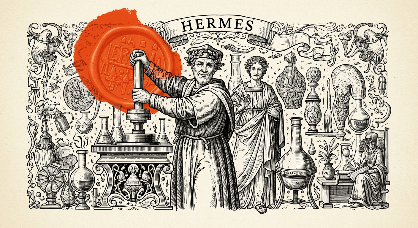 Pressed Ink Seal / Typewriter Imprint style editorial illustration for the news article: Hermes Agent v0.4.0 Adds OpenAI API, 6 Messaging Platforms