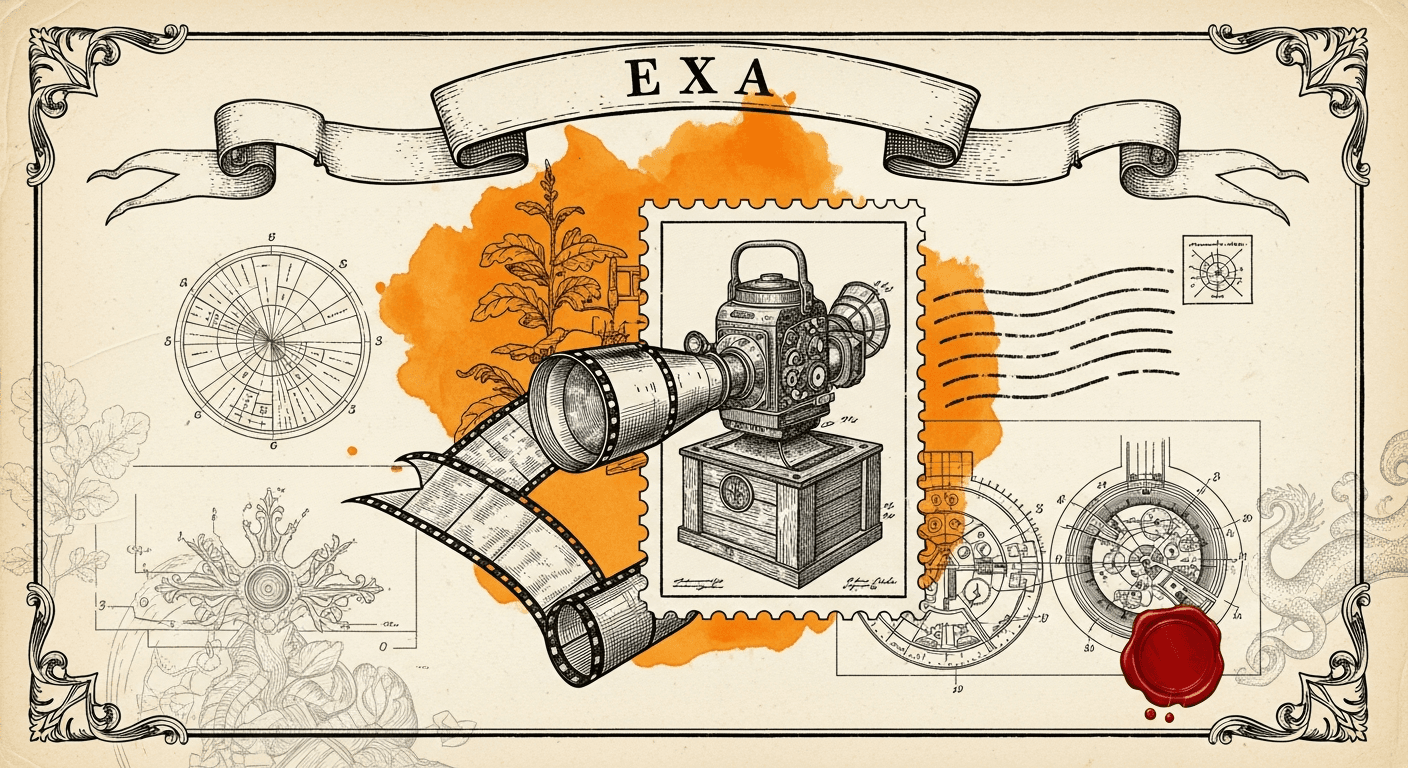 Giant Antique Postage Stamp style editorial illustration for the news article: TenStrip LTX2.3-10Eros image-to-video model trends on Hugging Face