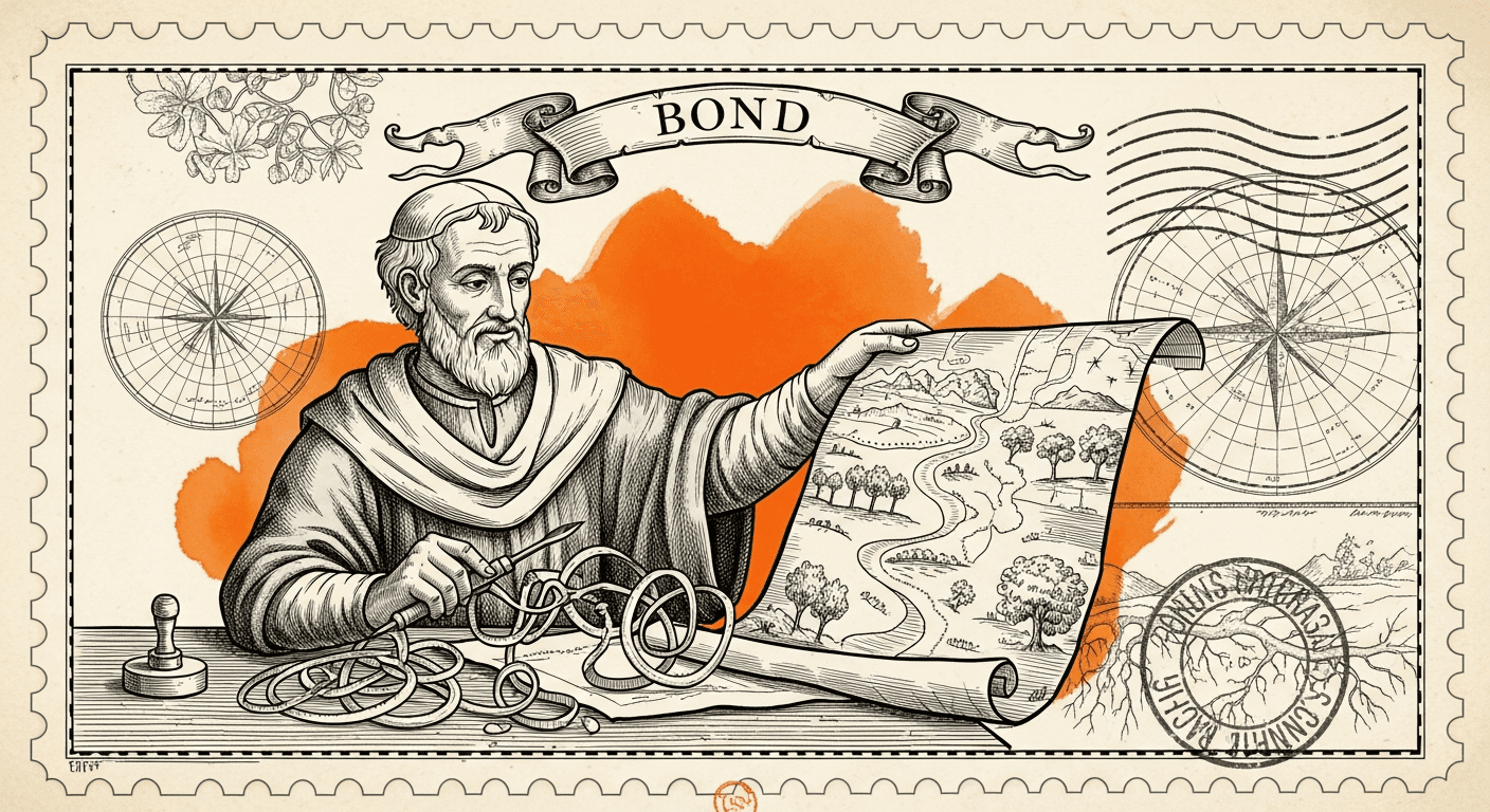Giant Antique Postage Stamp style editorial illustration for the news article: Bond Social Platform Uses AI to Curb Doomscrolling Habits