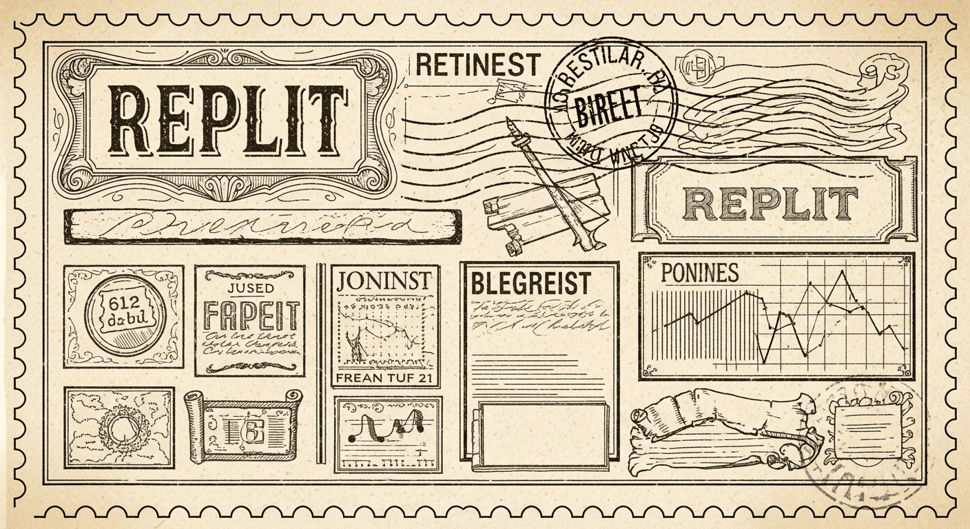 Giant Antique Postage Stamp style editorial illustration for the news article: Replit simplifies Agent modes to Lite, Economy, and Power