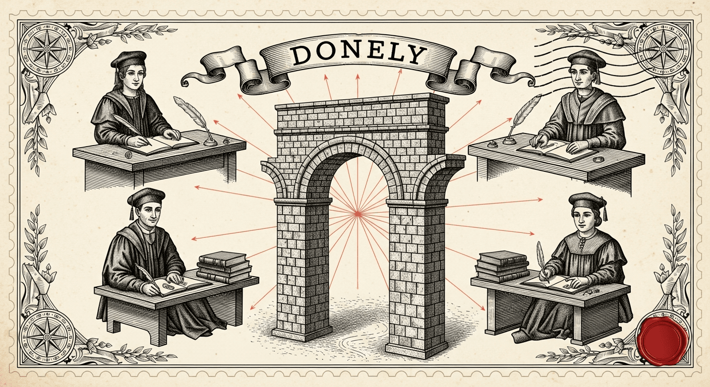 Giant Antique Postage Stamp style editorial illustration for the news article: Donely launches Knowledge Layer for OpenClaw AI employees