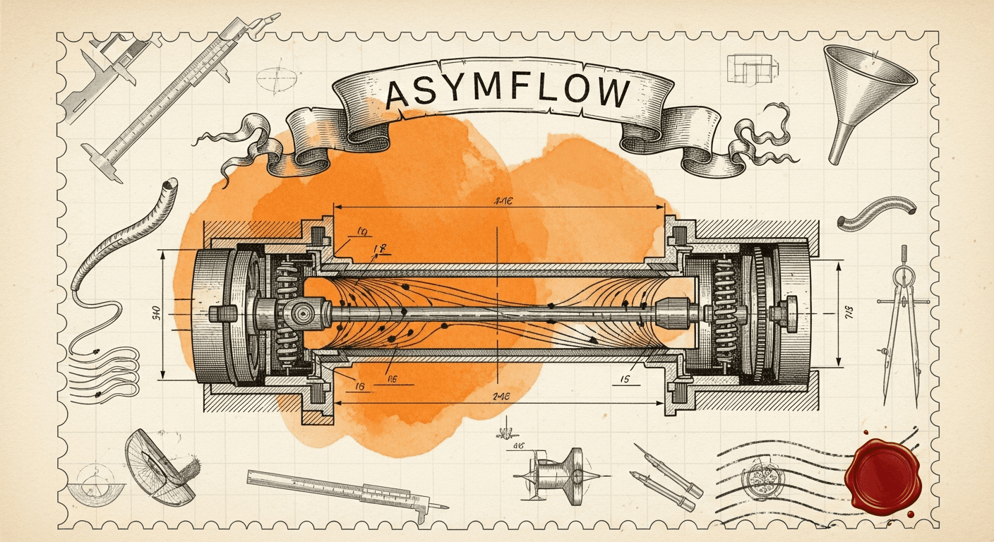 Giant Antique Postage Stamp style editorial illustration for the news article: AsymFlow Introduces Rank-Asymmetric Velocity for Flow Models