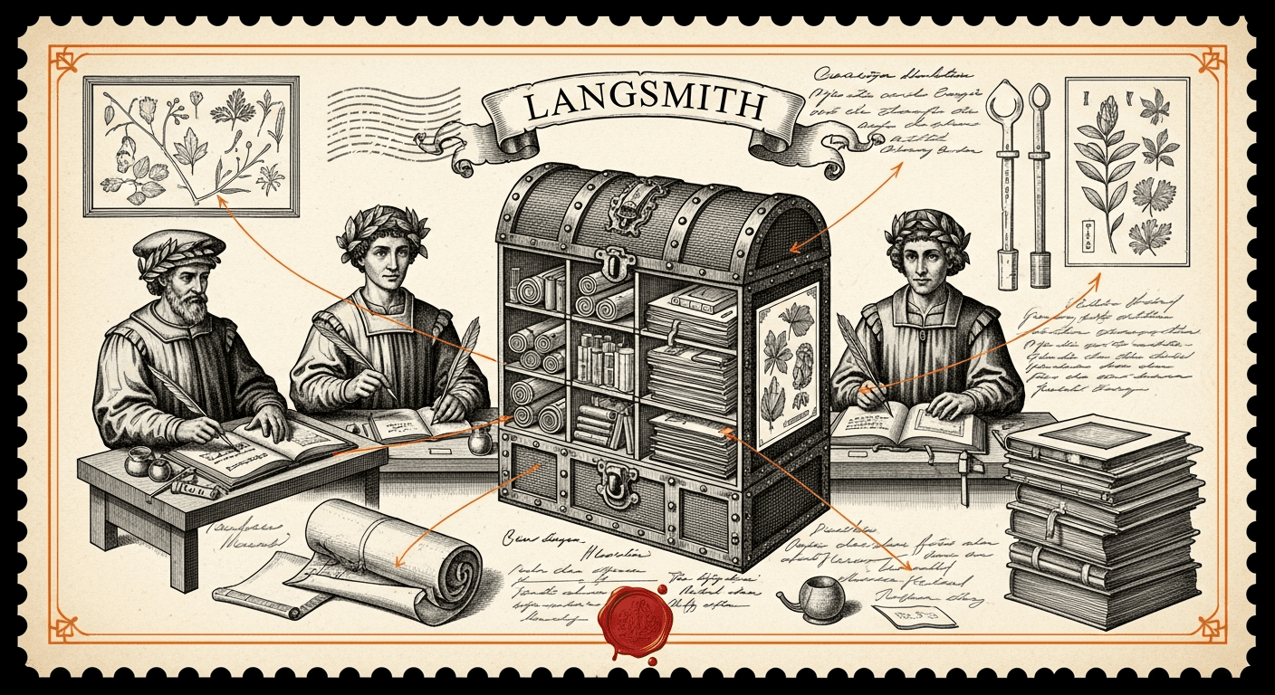 Giant Antique Postage Stamp style editorial illustration for the news article: LangSmith launches Context Hub for managing AI agent files