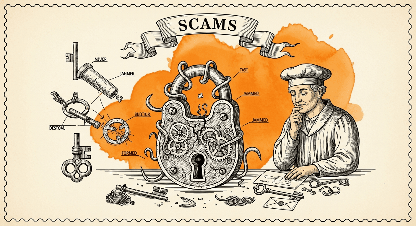 Giant Antique Postage Stamp style editorial illustration for the news article: Tests Show AI Models Can Attempt Scams