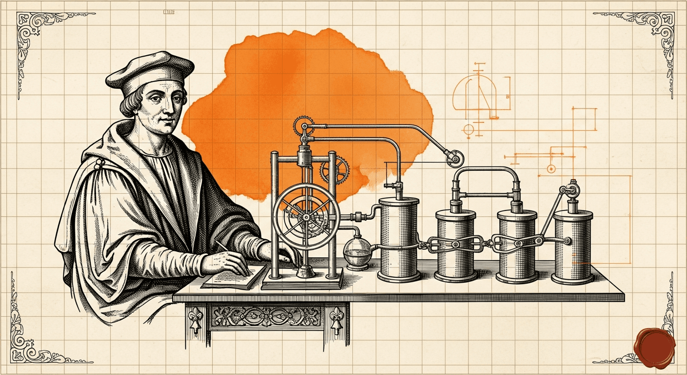 Old Book Frontispiece / Plate style editorial illustration for the article: n8n: The Complete Guide (2026)
