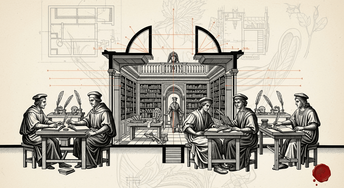 Blueprint Schematic + Renaissance Engraving Subject style editorial illustration for the news article: Hermes Agent Kanban swarm and OpenClaw Claude O