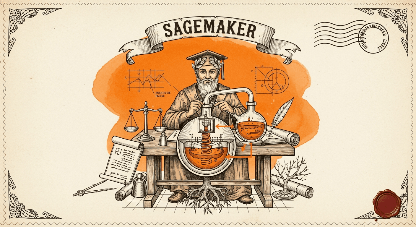 Giant Antique Postage Stamp style editorial illustration for the news article: AWS Guide: EU AI Act Requirements for LLM Fine-Tuning on SageMaker