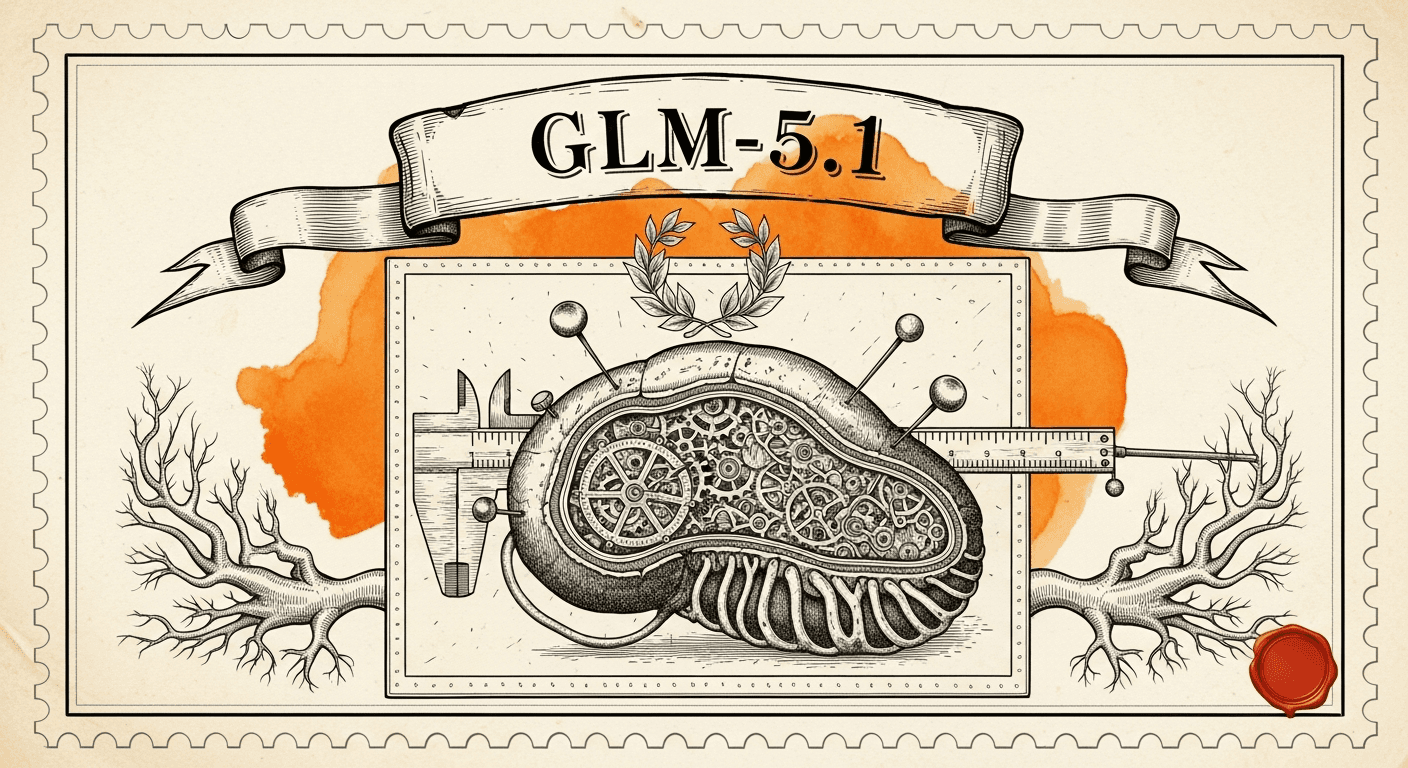 Giant Antique Postage Stamp style editorial illustration for the news article: Z.AI releases open-weight GLM-5.1 754B model for 8-hour agent tasks