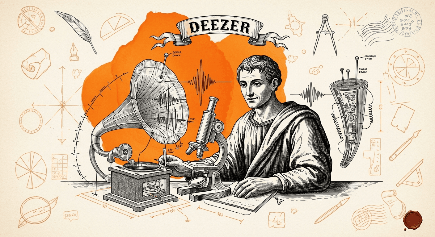 Blueprint Schematic + Renaissance Engraving Subject style editorial illustration for the news article: Deezer Finds 44% of Daily Song Uploads Are AI-G