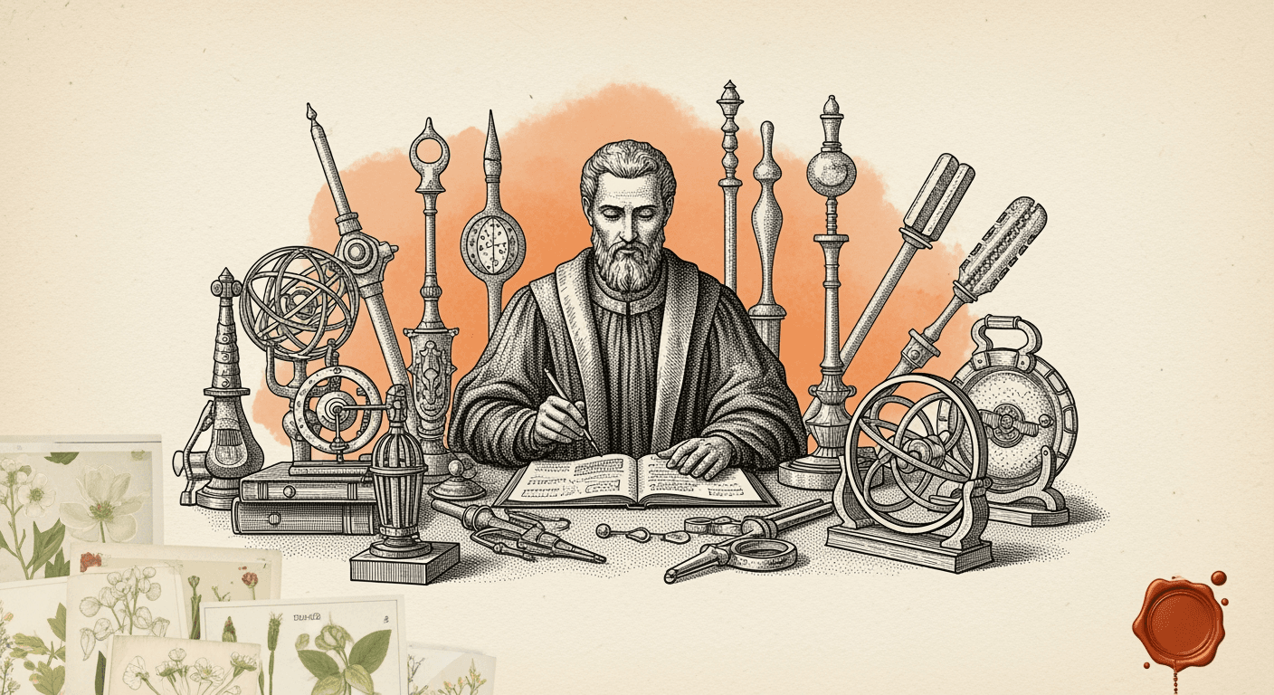 Vintage editorial illustration: classical scholar at a workbench arranging multiple variants of an instrument, orange watercolor wash overhead.