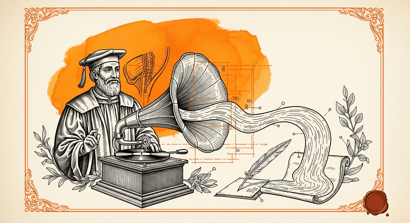 Old Book Frontispiece / Plate style editorial illustration for the article: Wispr Flow: The Complete Guide (2026)