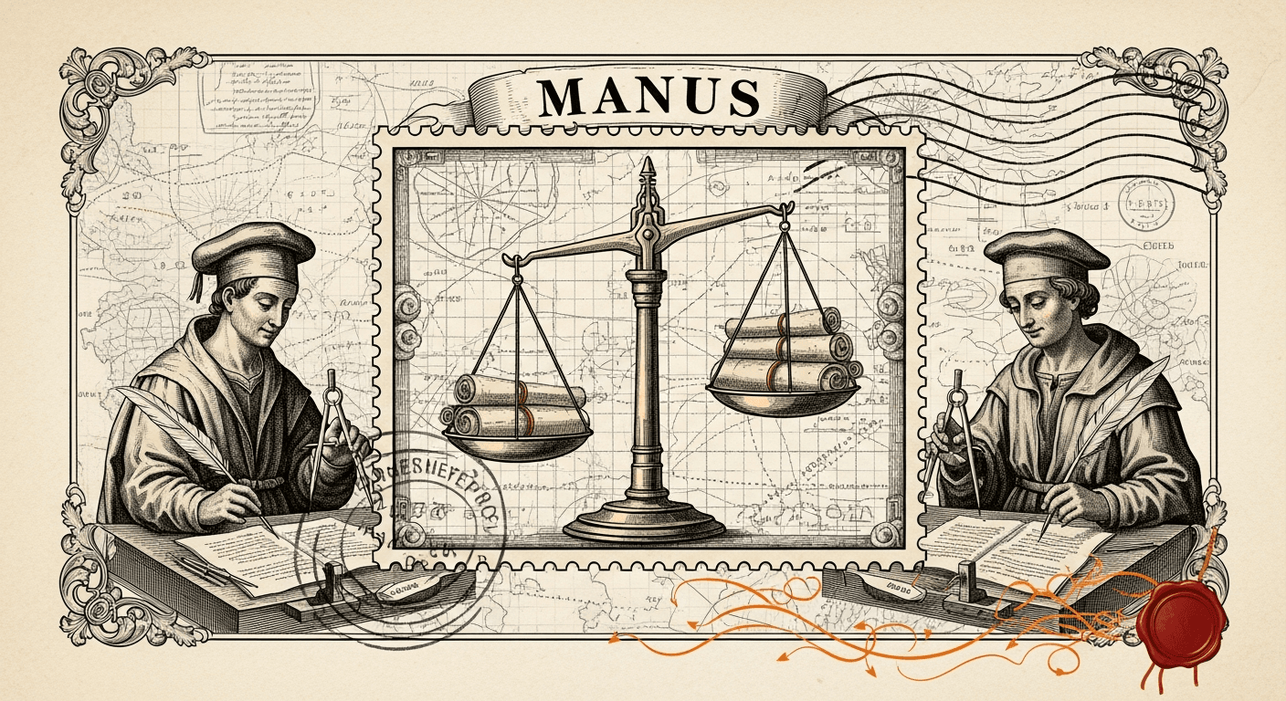 Giant Antique Postage Stamp style editorial illustration for the news article: Manus adds Similarweb for competitor keyword and traffic analysis