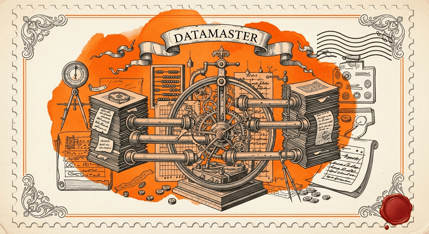 Giant Antique Postage Stamp style editorial illustration for the news article: DataMaster introduces autonomous data engineering for machine learning