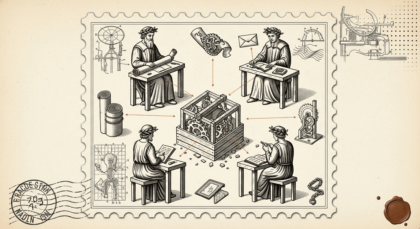 Giant Antique Postage Stamp style editorial illustration for the news article: OpenAI launches Workspace Agents in ChatGPT for team collaboration