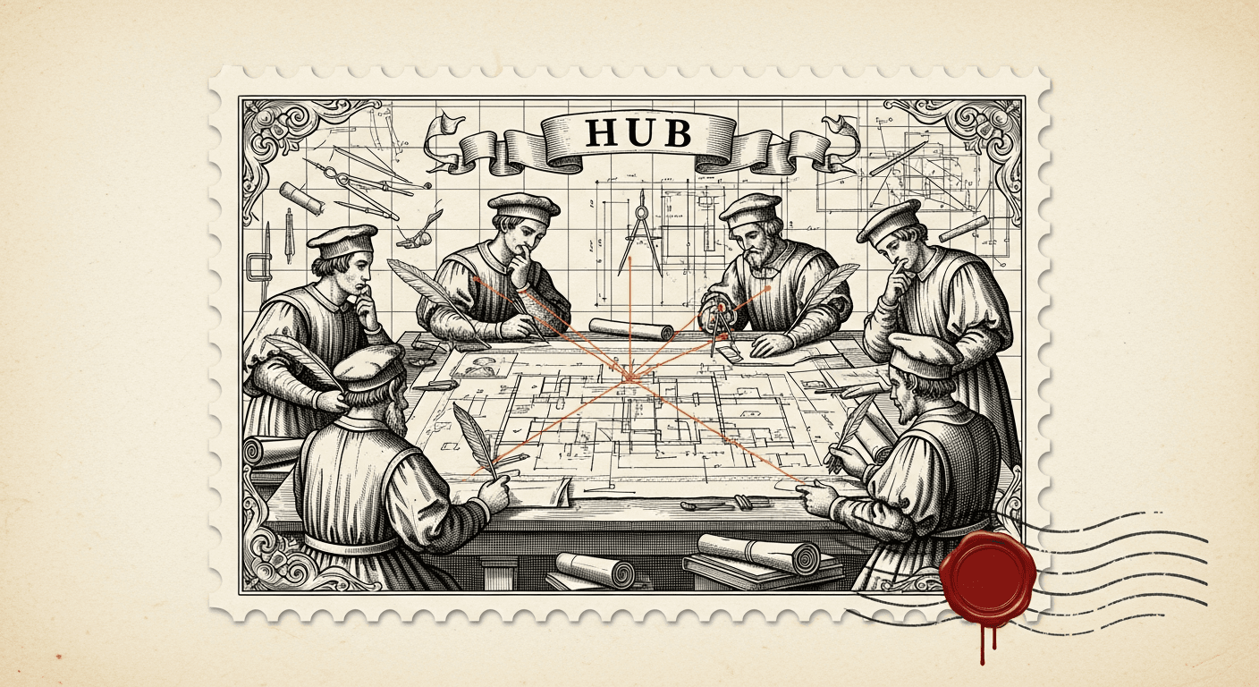 Giant Antique Postage Stamp style editorial illustration for the news article: MiniMax releases Hub desktop AI workstation with agent-driven canvas