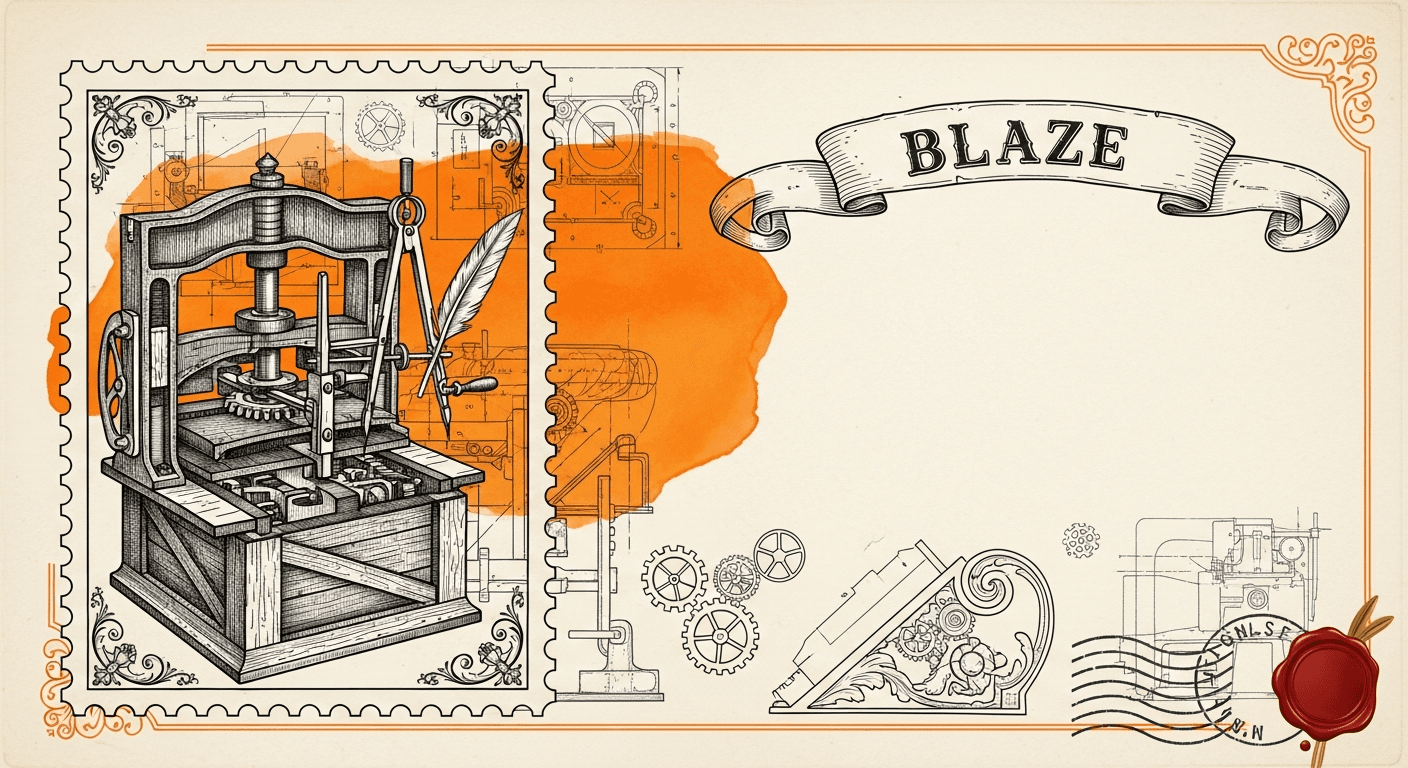 Giant Antique Postage Stamp style editorial illustration for the news article: Blaze launches 2.0 AI platform for marketing strategy, content, and ads