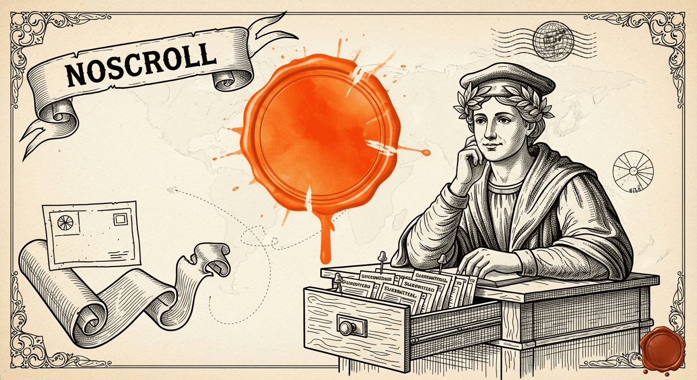 Pressed Ink Seal / Typewriter Imprint style editorial illustration for the news article: Noscroll launches AI bot that reads and summarizes internet n
