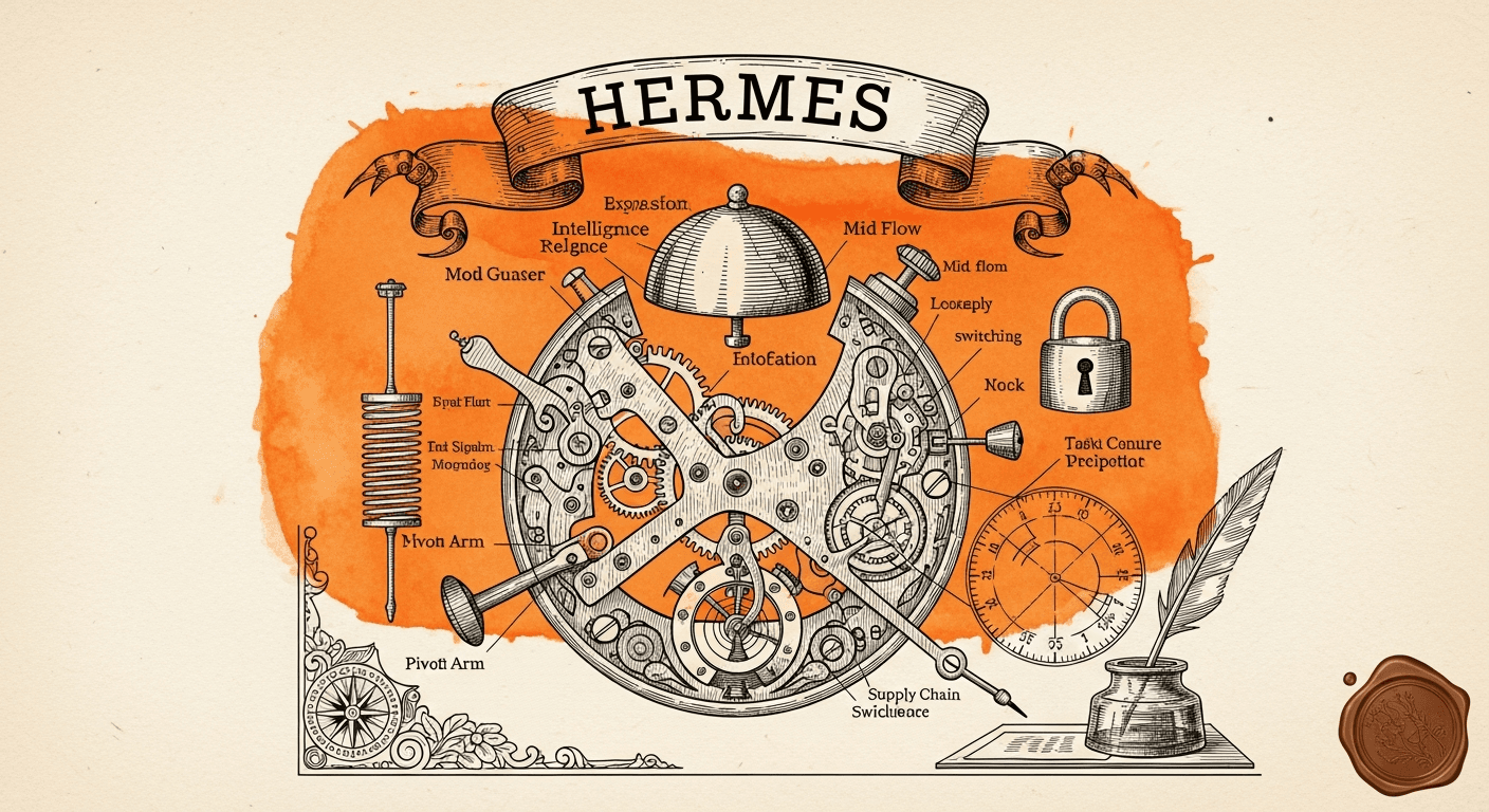 Pressed Ink Seal / Typewriter Imprint style editorial illustration for the news article: Hermes Agent v0.8.0 Adds Notify-on-Complete, Live Model Switc