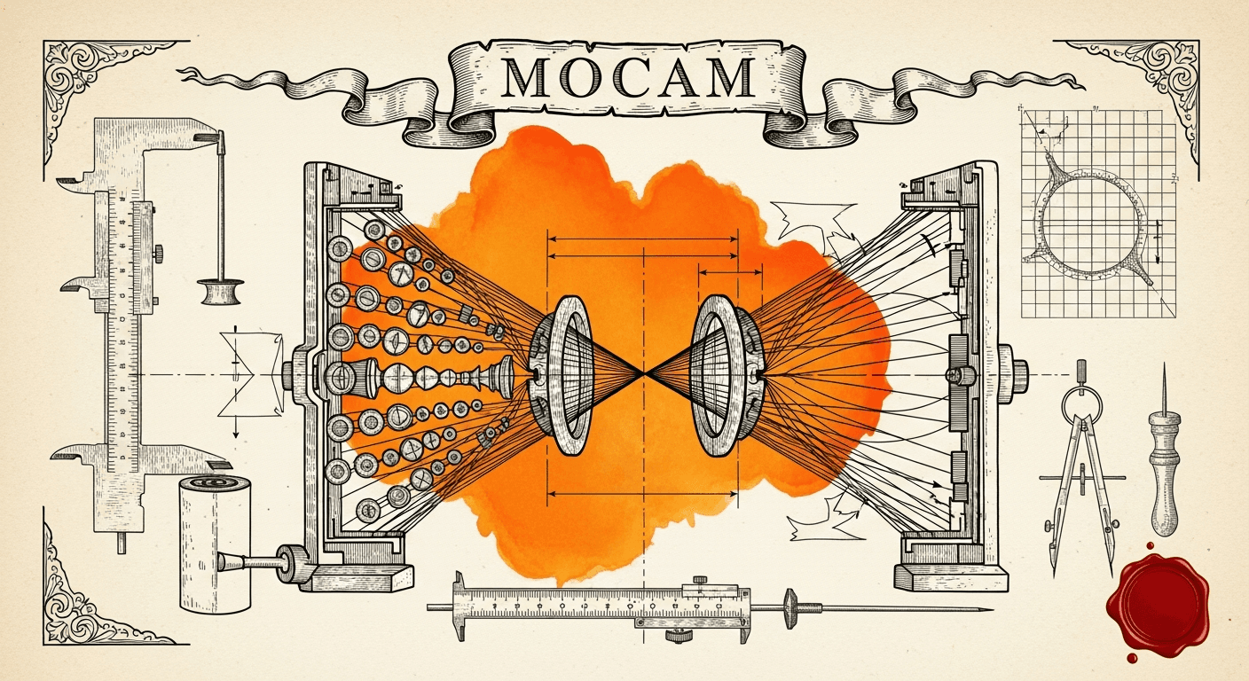 Pressed Ink Seal / Typewriter Imprint style editorial illustration for the news article: MoCam Unifies Novel View Synthesis via Structured Denoising D