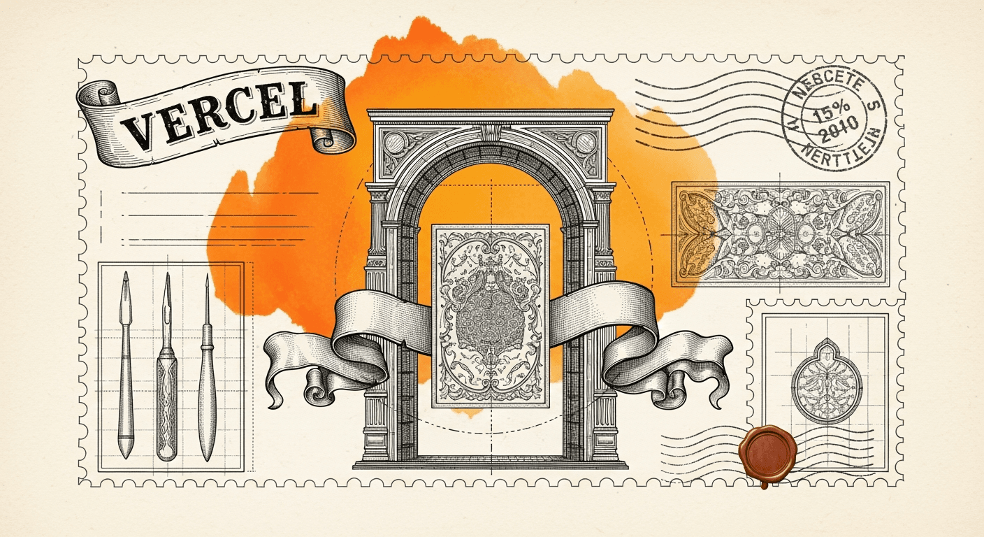Giant Antique Postage Stamp style editorial illustration for the news article: GPT Image 2 Now Available on Vercel AI Gateway